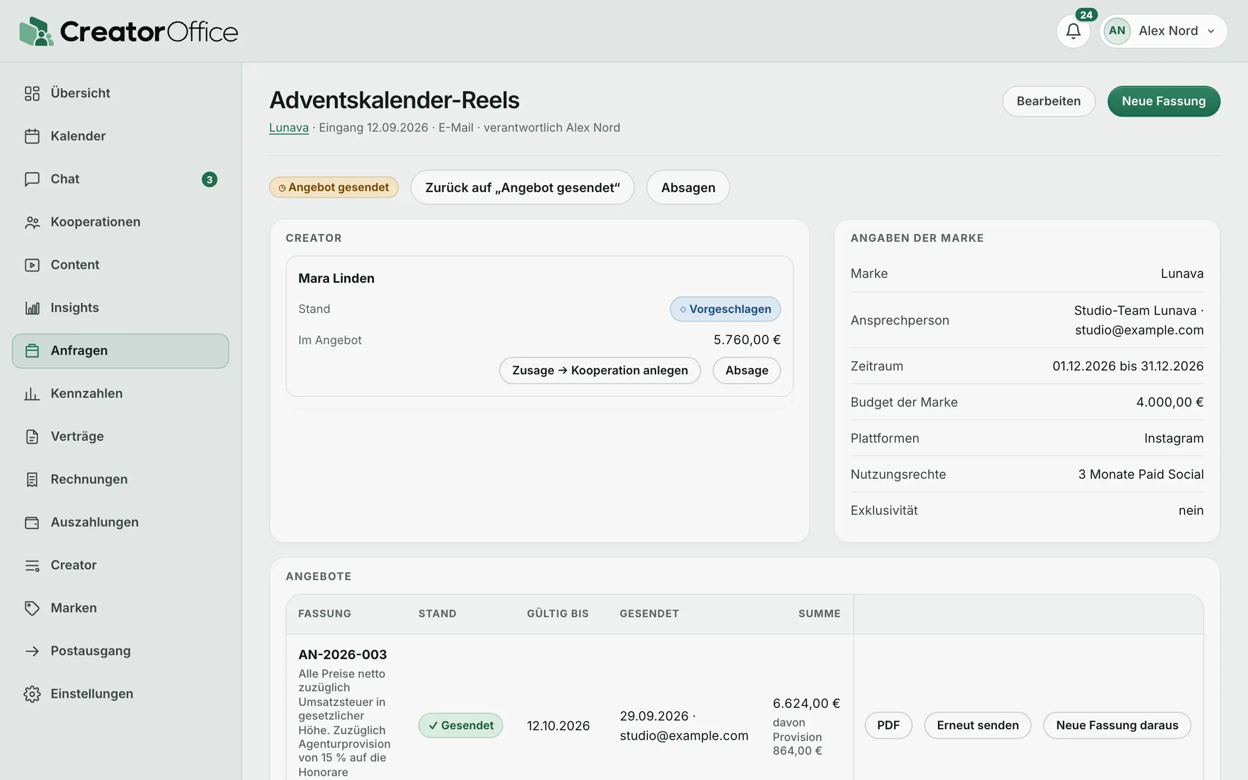 Agentur-Portal: Anfrage von Lunava mit Angebot, Stand „Angebot gesendet“.