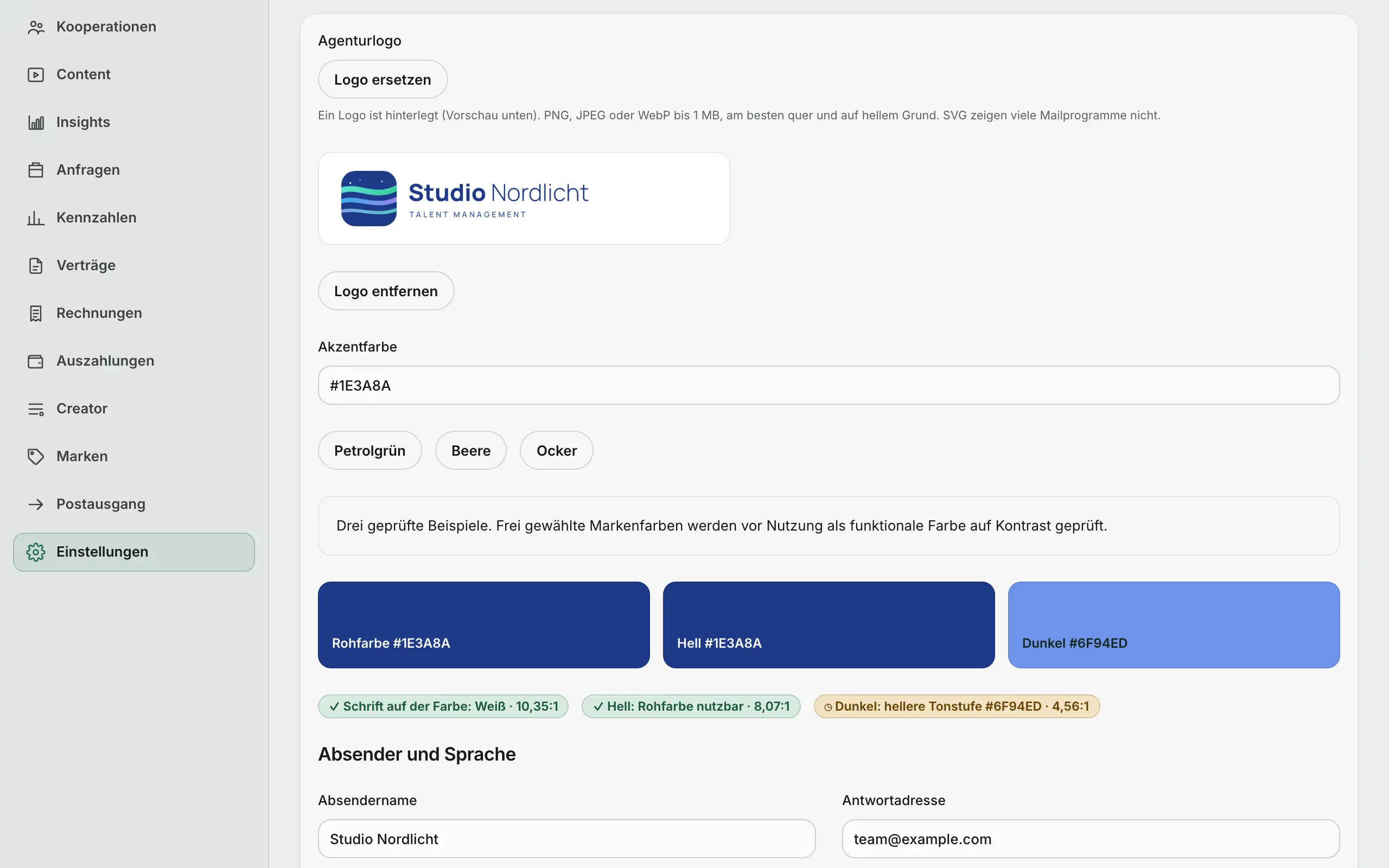 Agentur-Portal: Einstellungen · Branding mit Logo und Akzentfarbe.