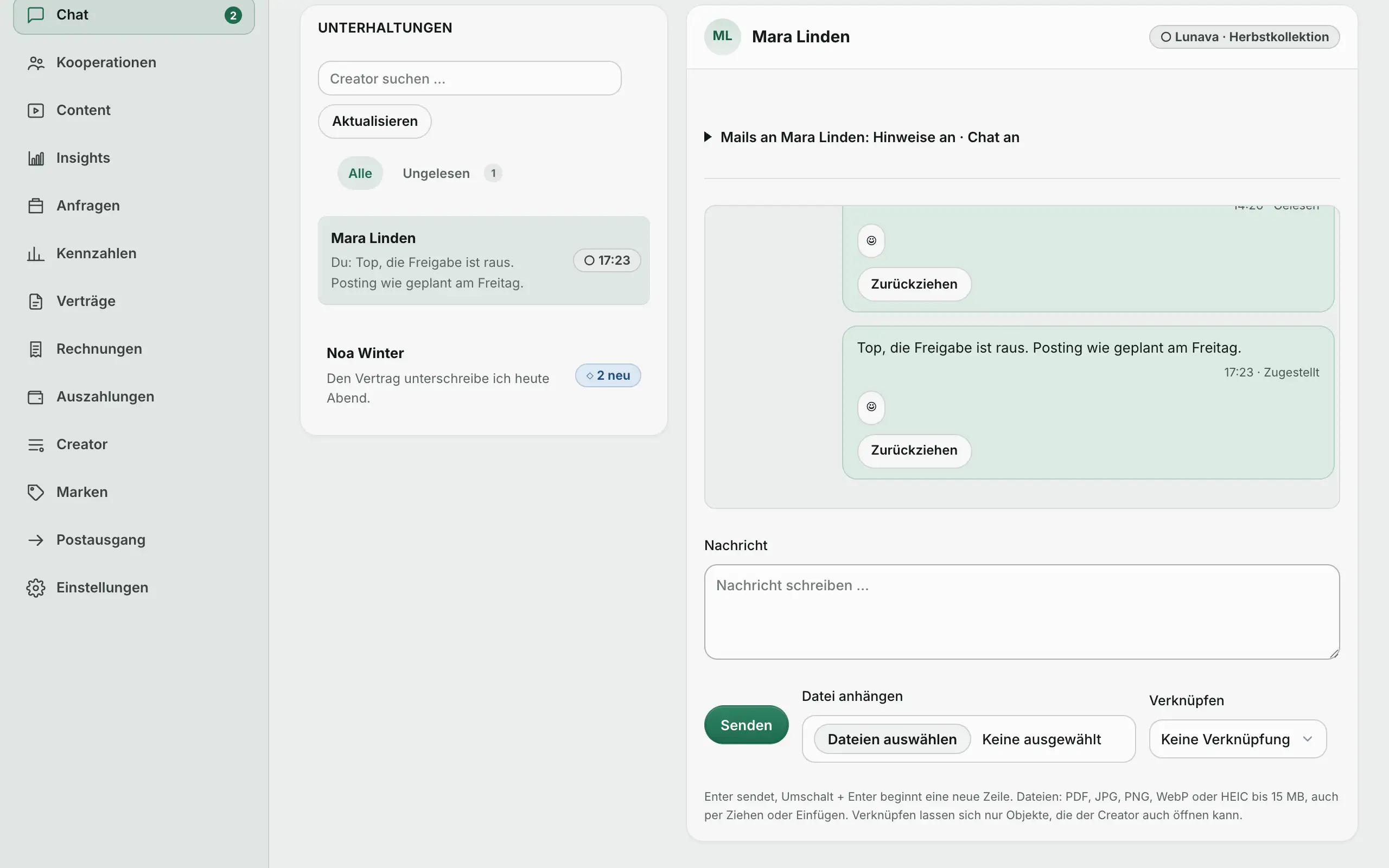 Agentur-Portal: Chat mit einer Creatorin.