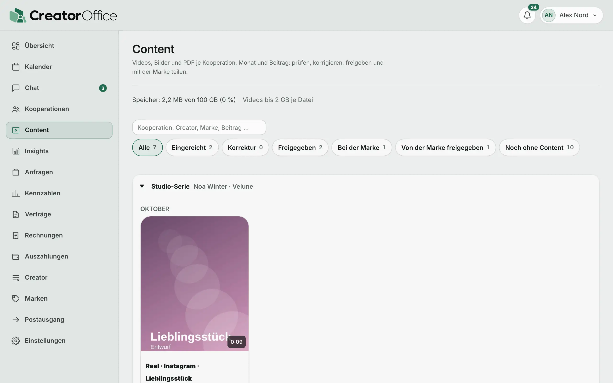 Agentur-Portal: Content-Ablage mit Videos je Kooperation und Monat.