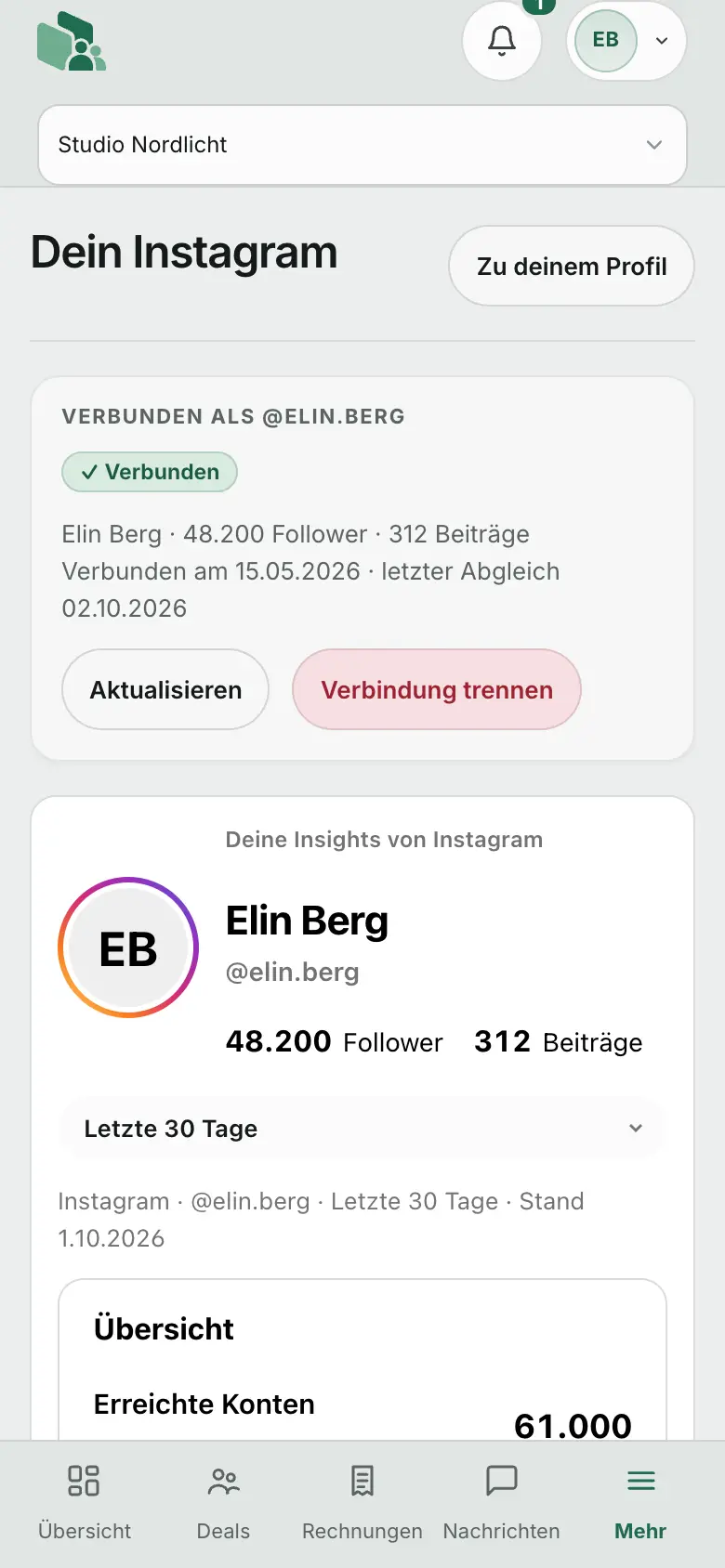 Creator-Portal am Handy: eigene Instagram-Werte.