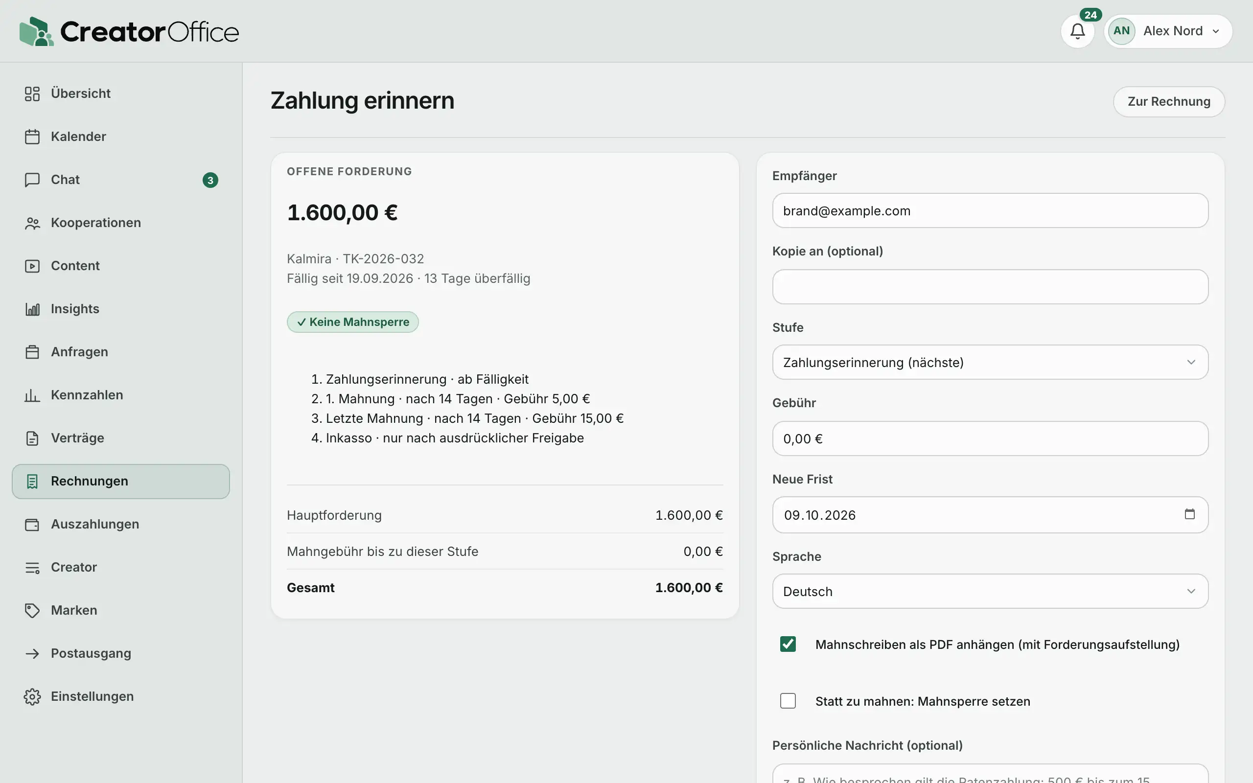 Seite „Zahlung erinnern“ in CreatorOffice mit Beispieldaten: offene Forderung, Mahnleiter, vorgewählte nächste Stufe und neue Frist