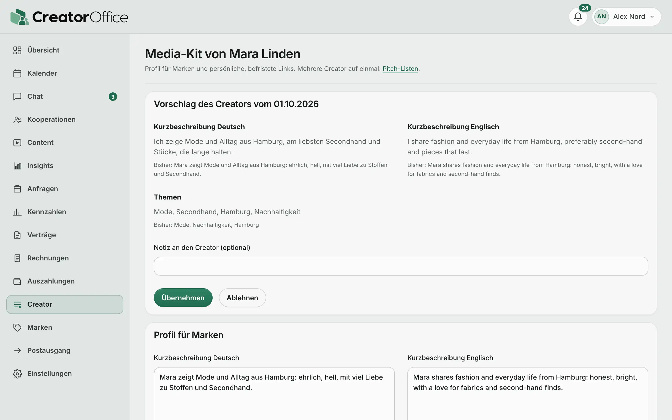 Media-Kit in CreatorOffice: Kurzprofil auf Deutsch und Englisch und Themen, mit einem Vorschlag der Creatorin zum Übernehmen