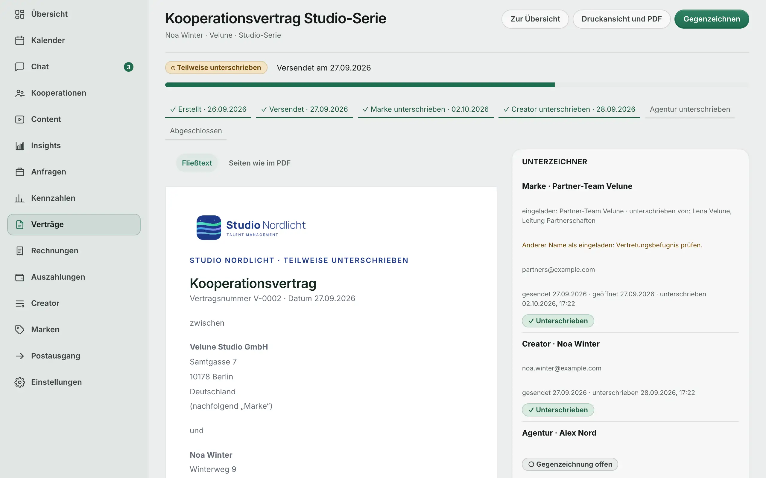 Agentur-Portal: Kooperationsvertrag aus der Vorlage mit Logo der Agentur und Stand der Unterschriften.