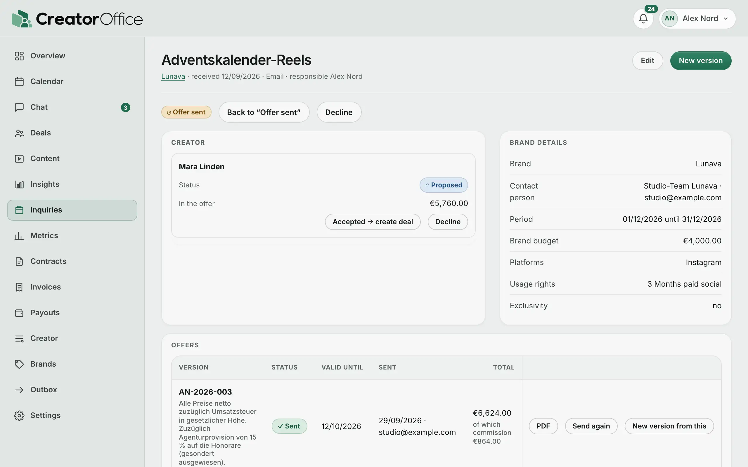 Agency portal: inquiry from Lunava with offer, status “Offer sent”.