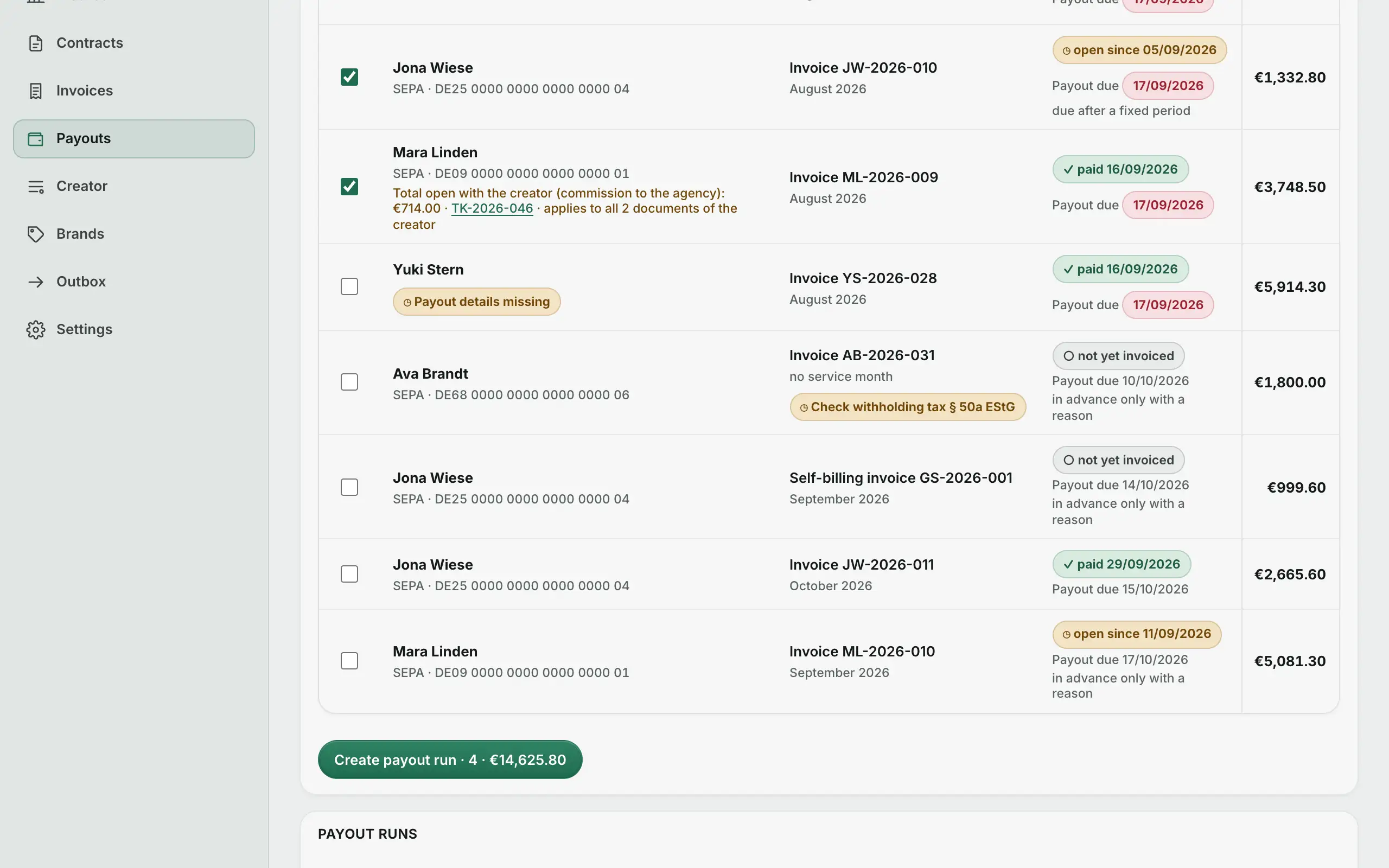 Agency portal: open payouts, due receipts preselected.