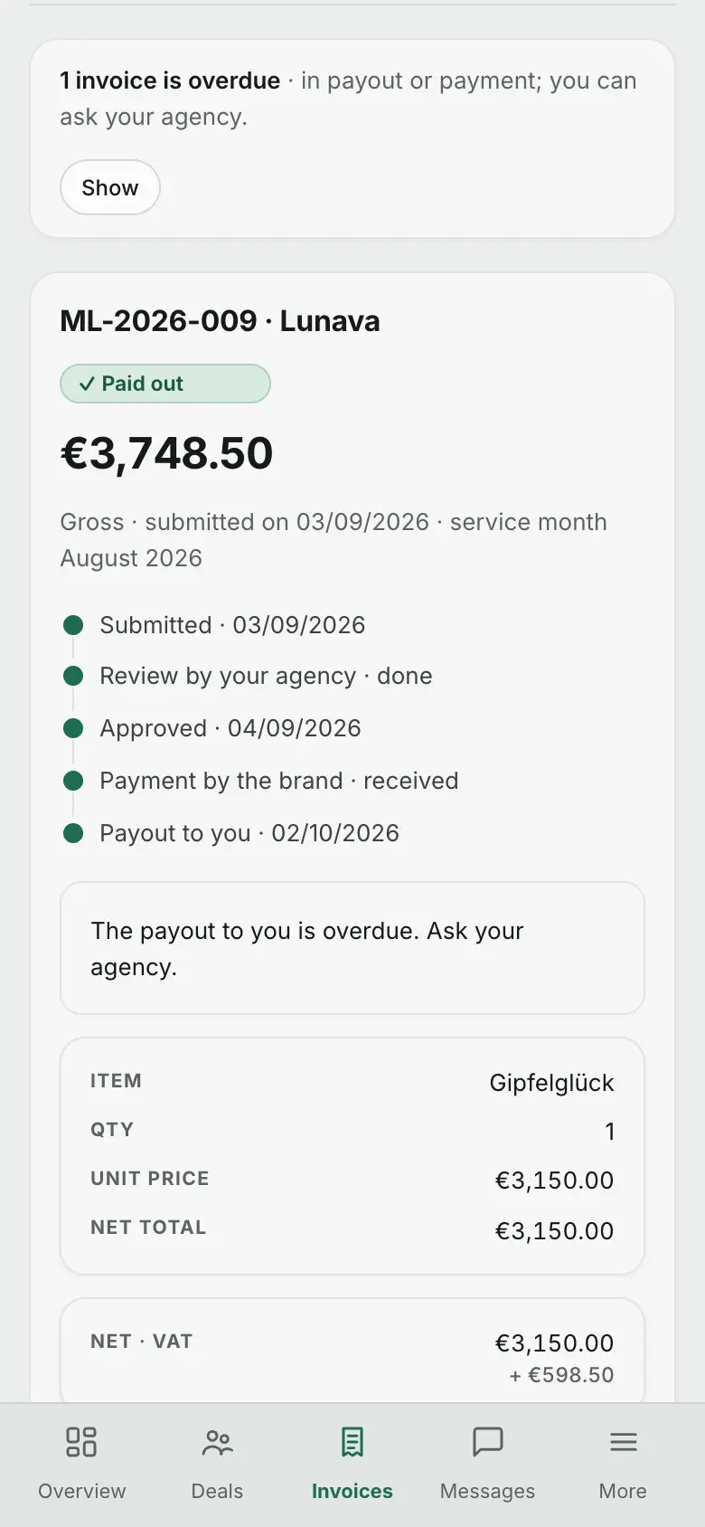 Creator portal on mobile: invoice with status “Paid out”.