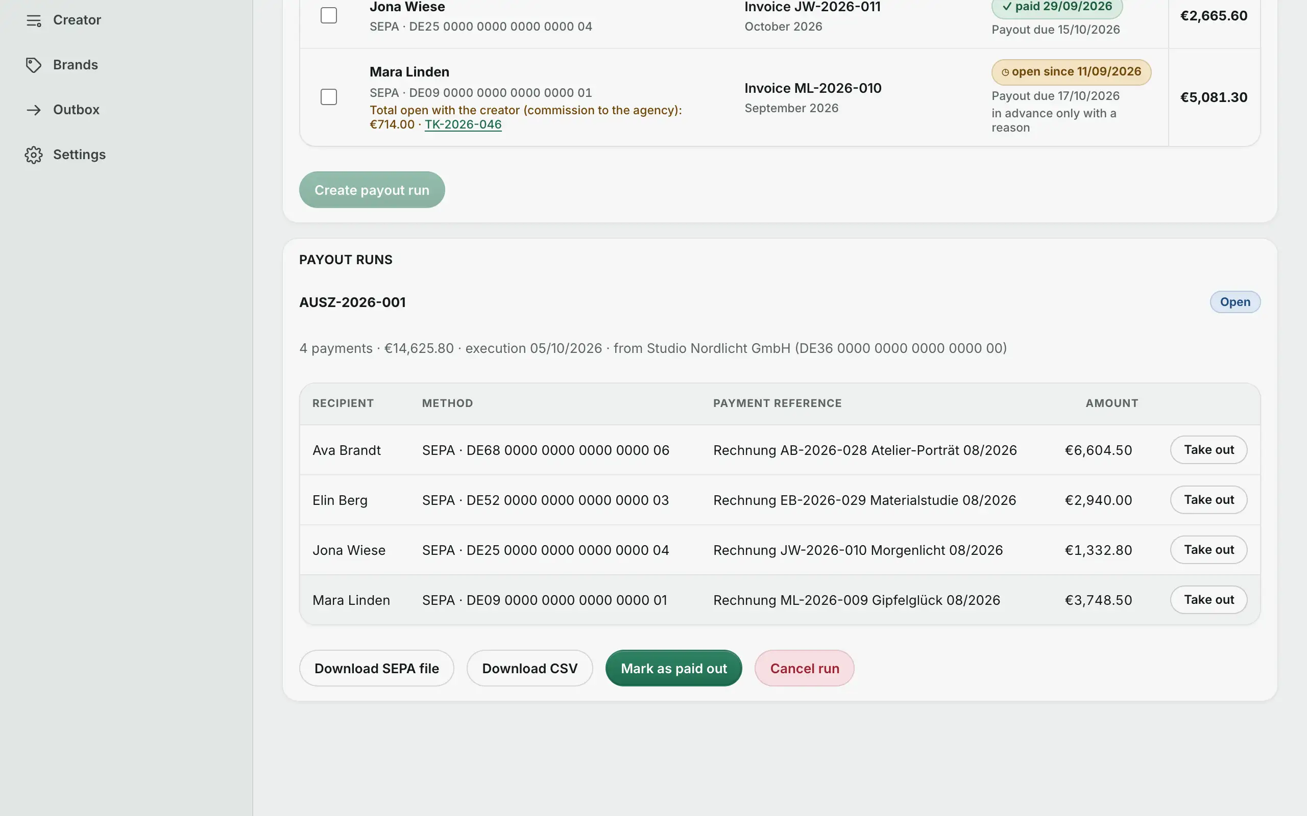 Agency portal: payout run with SEPA file.