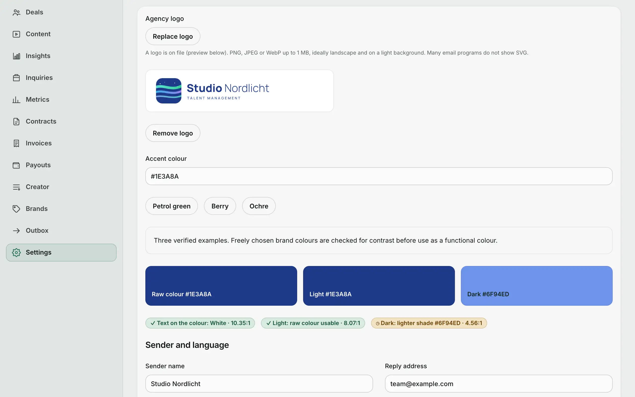 Agency portal: settings · branding with logo and accent colour.