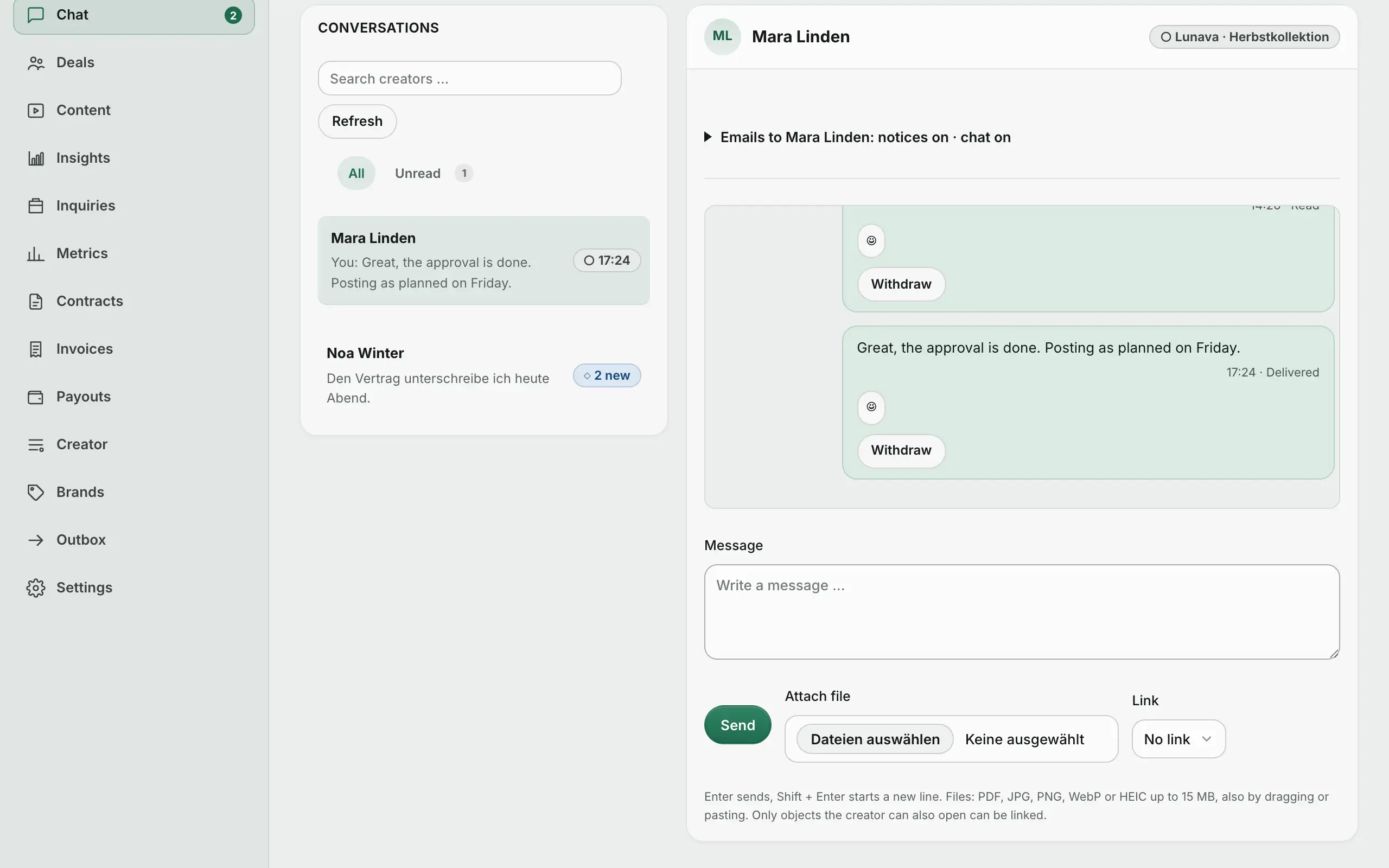 Agency portal: chat with a creator.