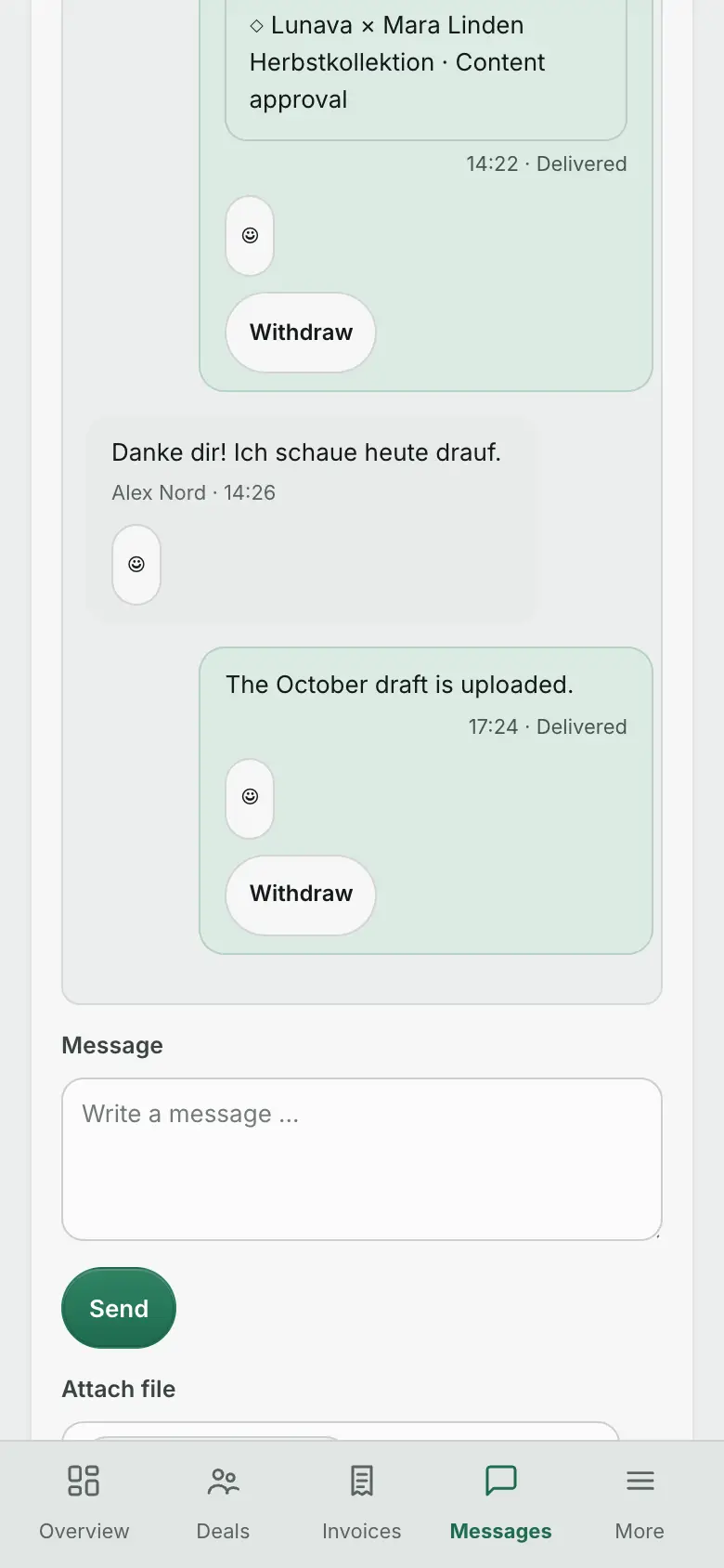 Creator portal on mobile: chat with the agency.