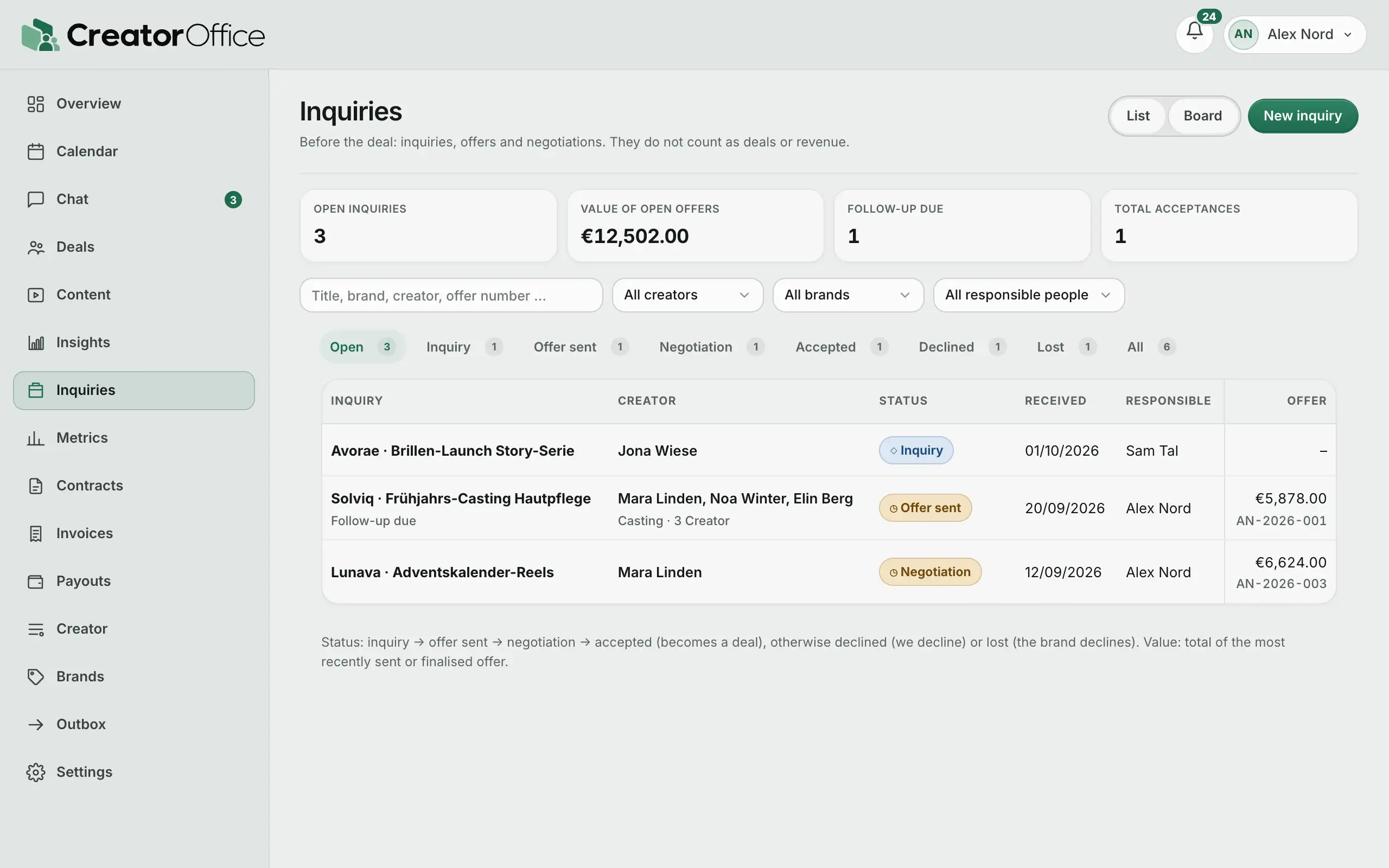 Agency portal: inquiry list with a new inquiry.