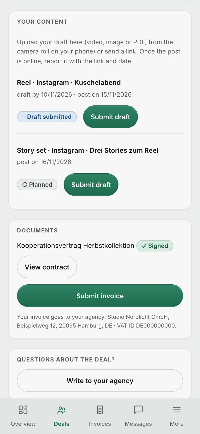 Creator portal on mobile: submit a draft.