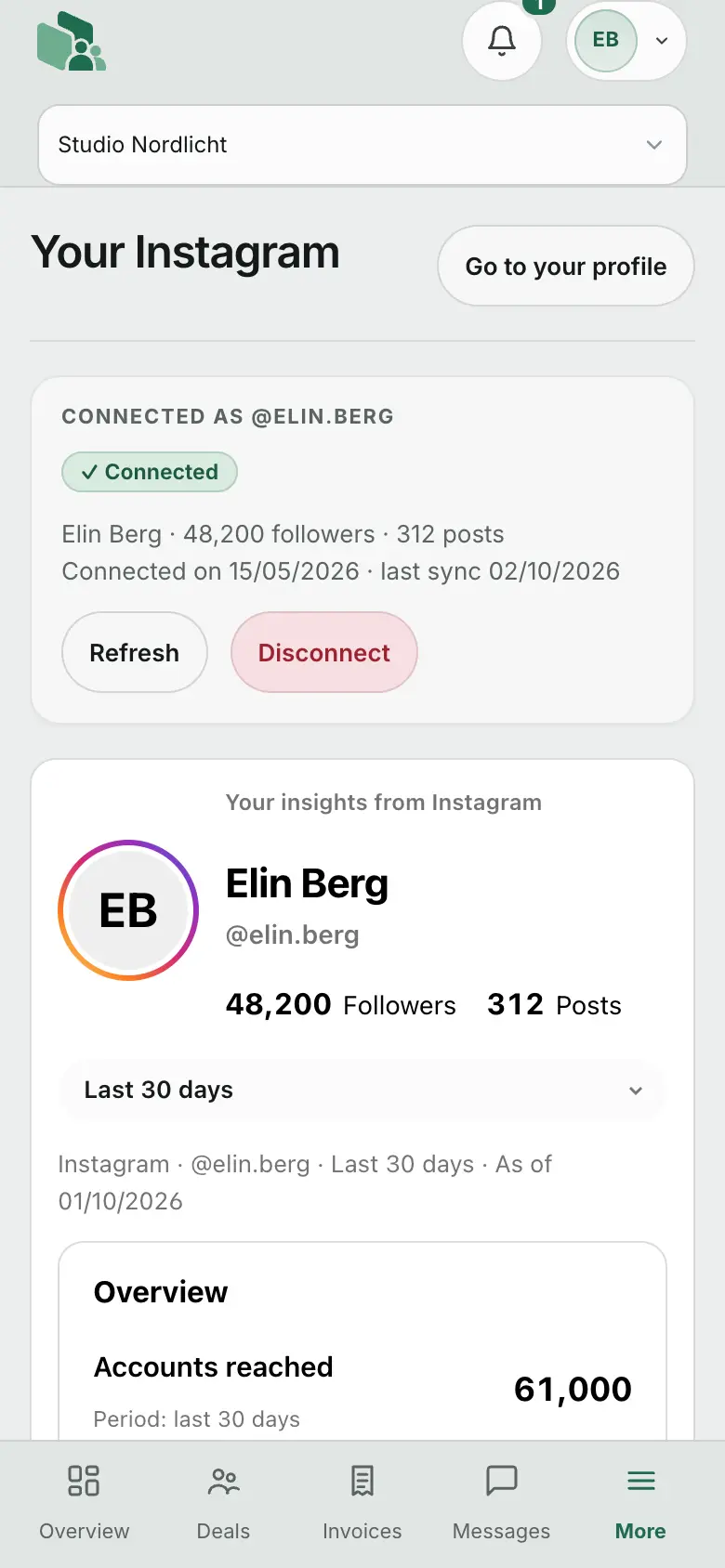 Creator portal on mobile: own Instagram figures.