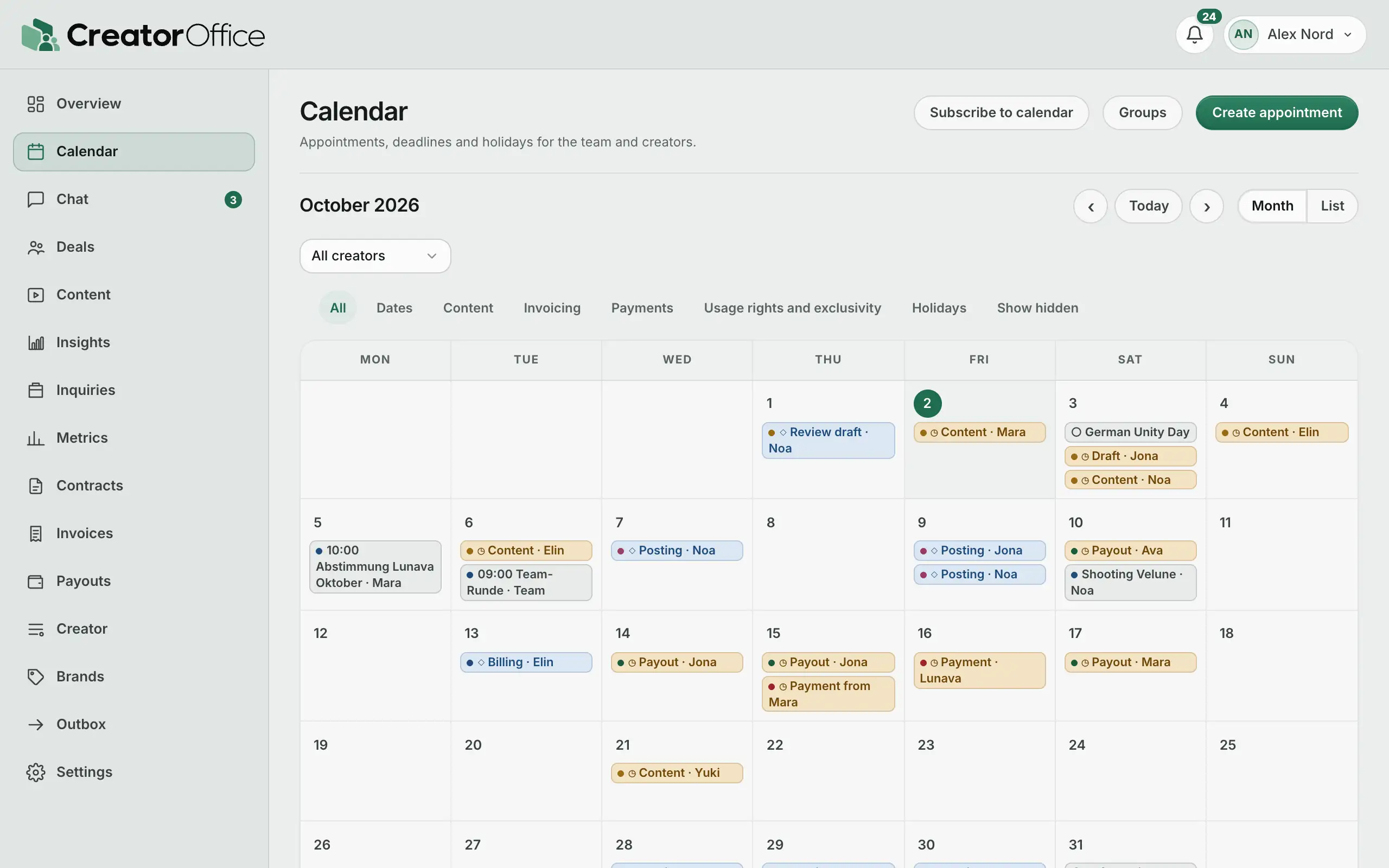 Agency portal: calendar with deadlines, postings and payments.