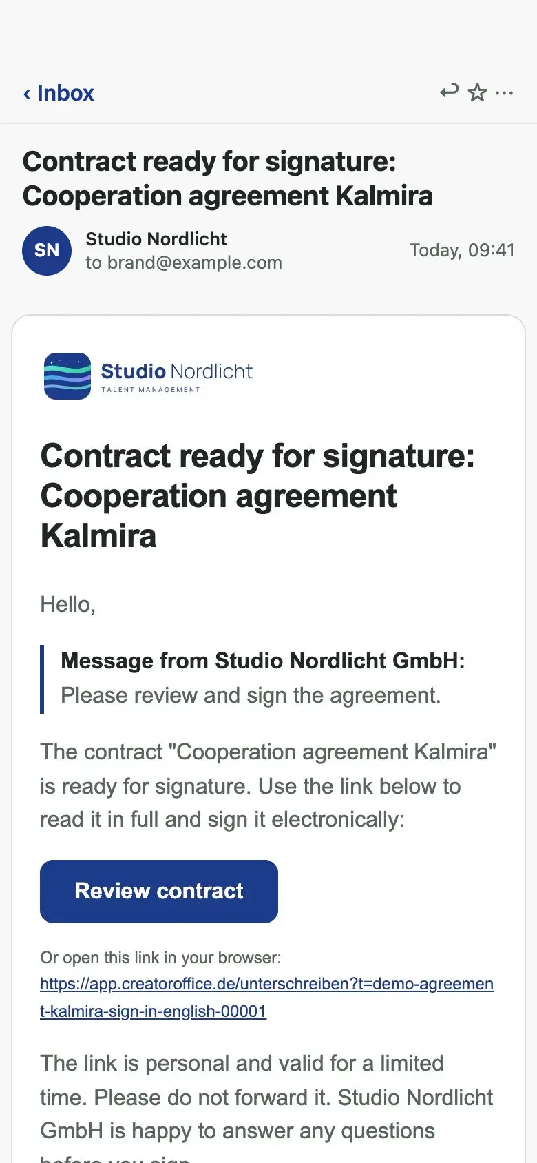 Email on mobile: contract ready for signature with the button “Review contract”.