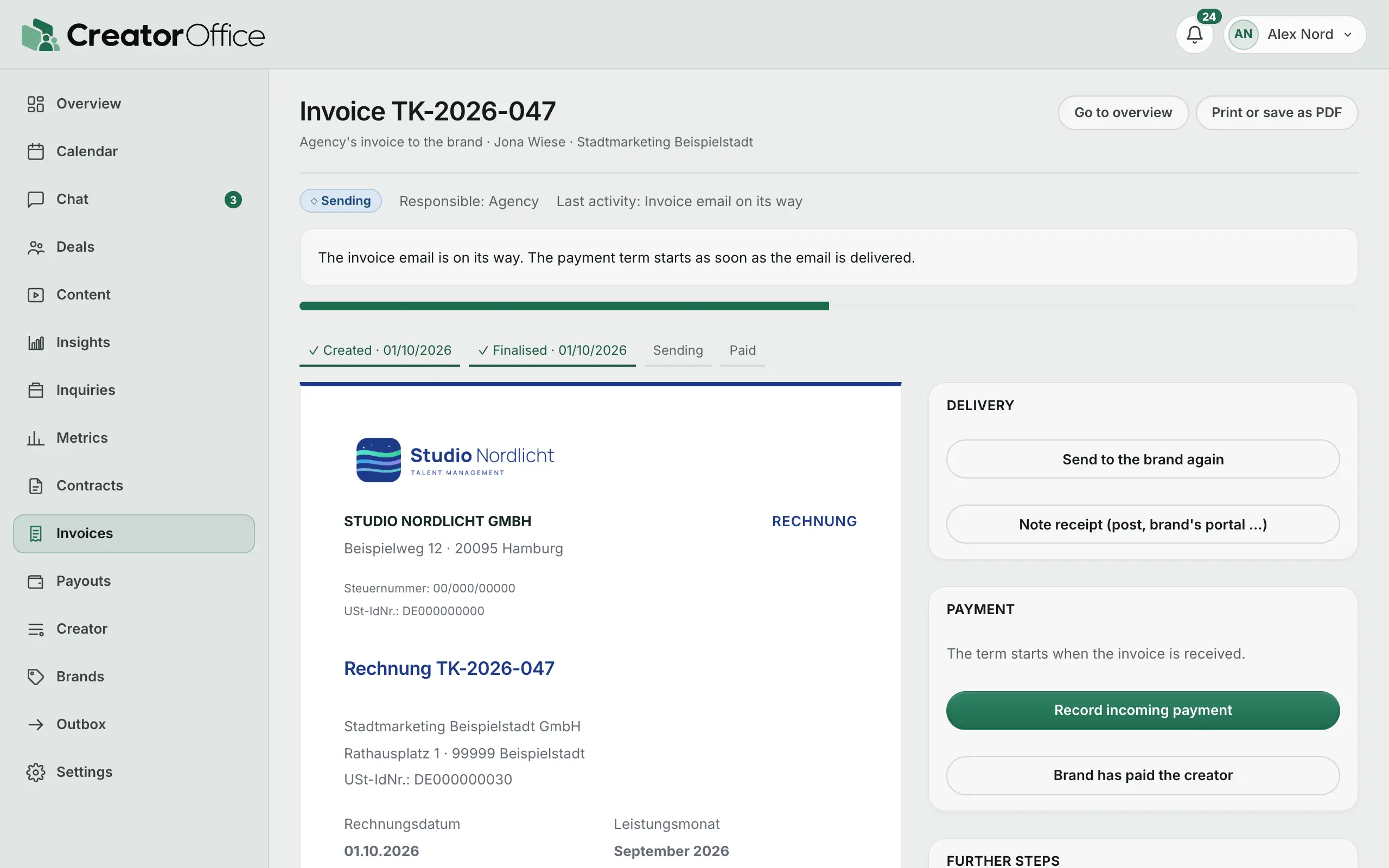 Agency portal: finished invoice to the brand with logo, VAT and bank details.