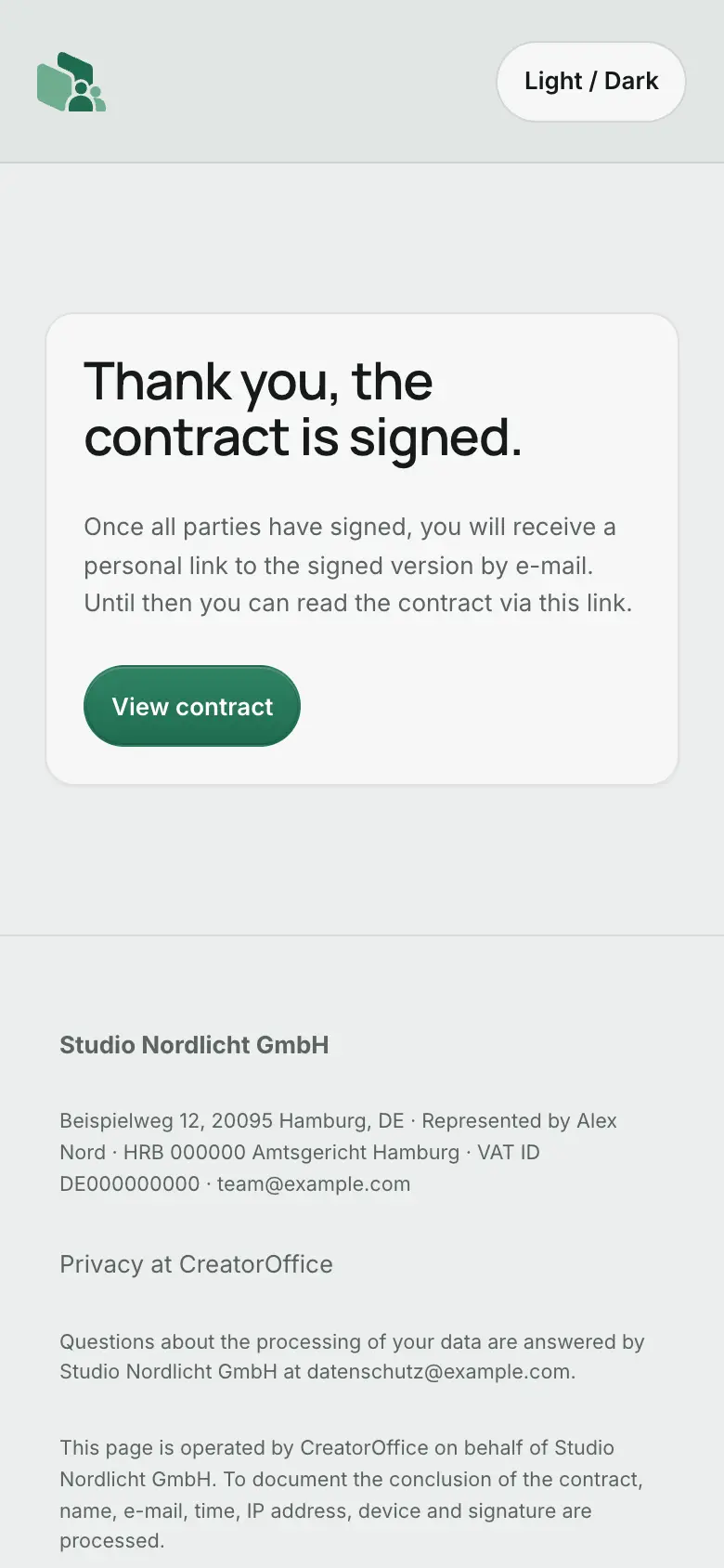 Signing page on mobile: contract signed.