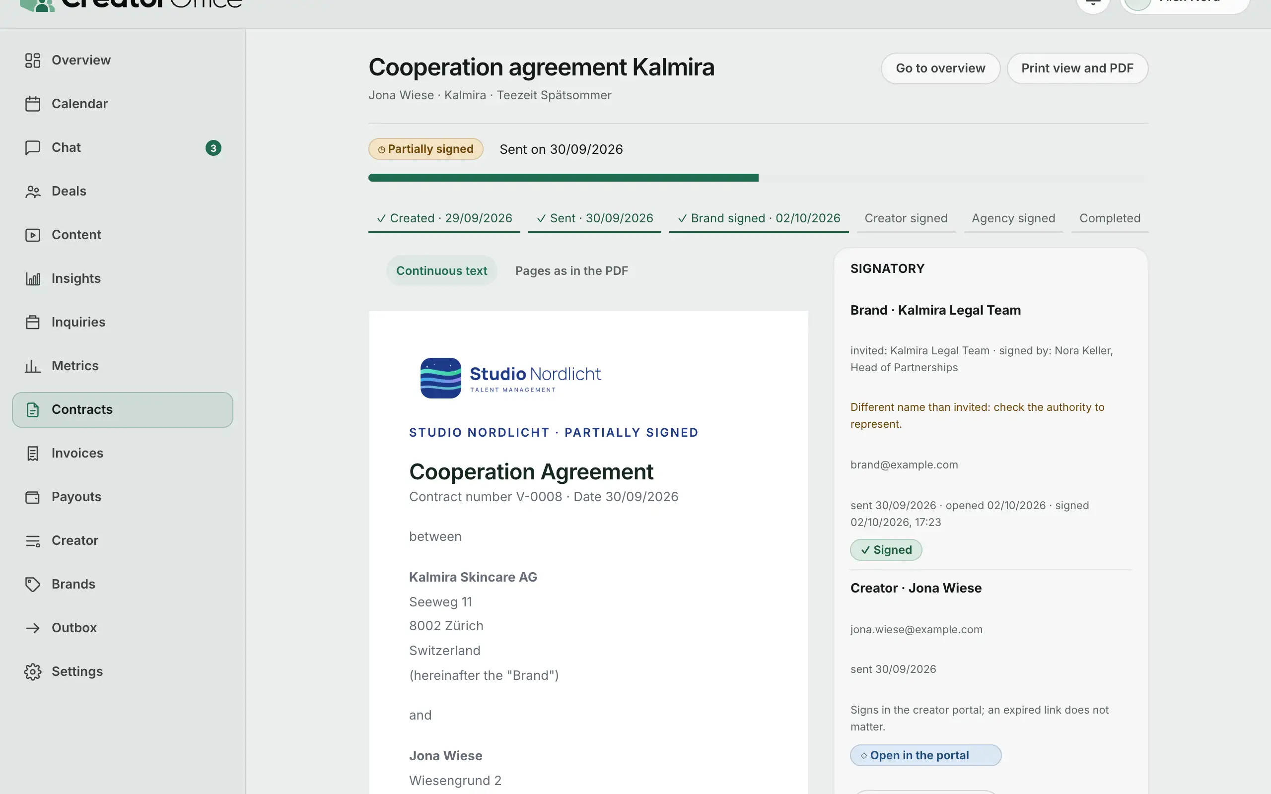 Agency portal: cooperation agreement from the template with the agency logo and signing status.