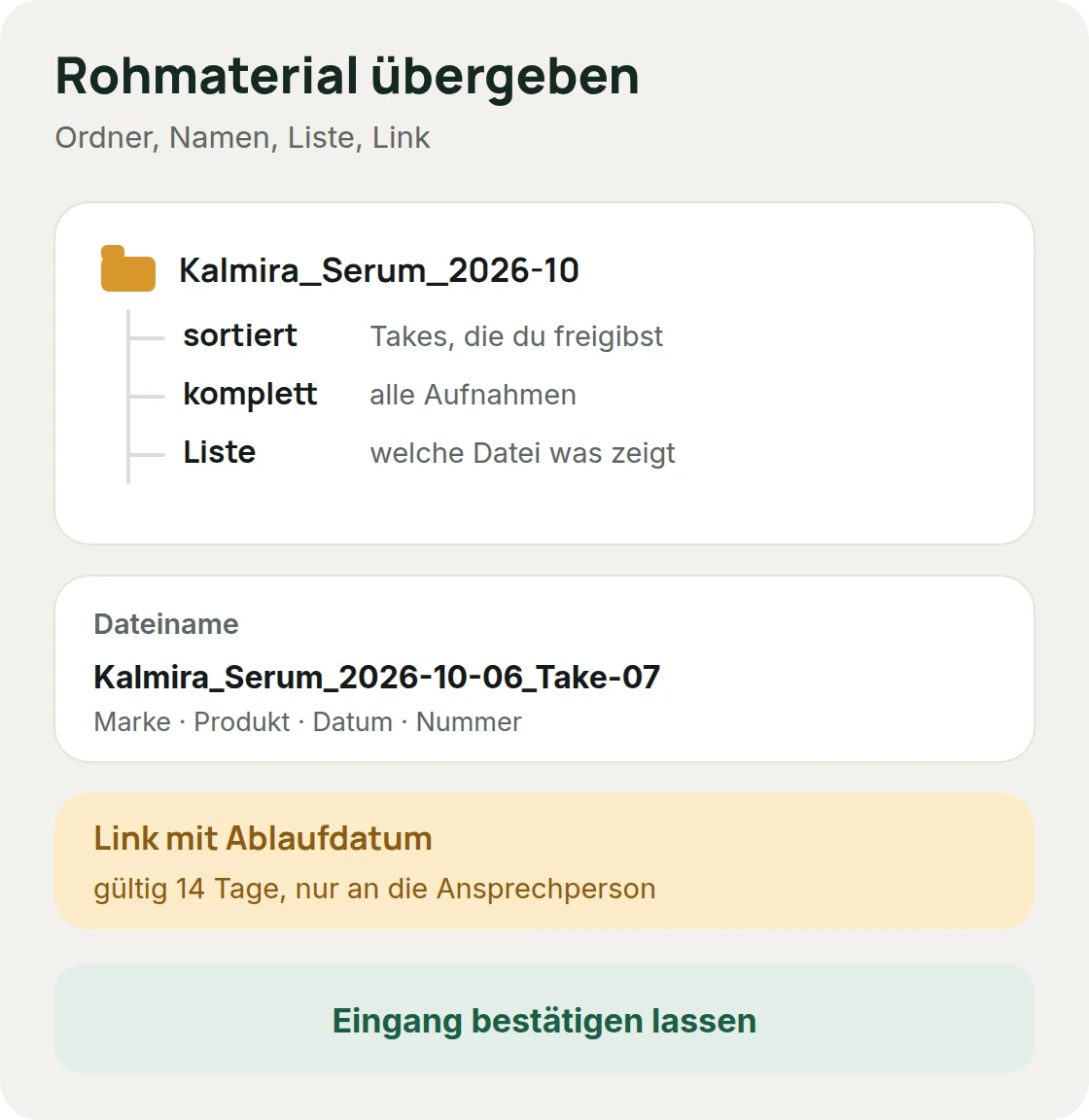 So übergibst du UGC-Rohmaterial: ein Ordner mit sortierten Clips, Namensschema und einer Liste, dazu ein Link mit Ablaufdatum