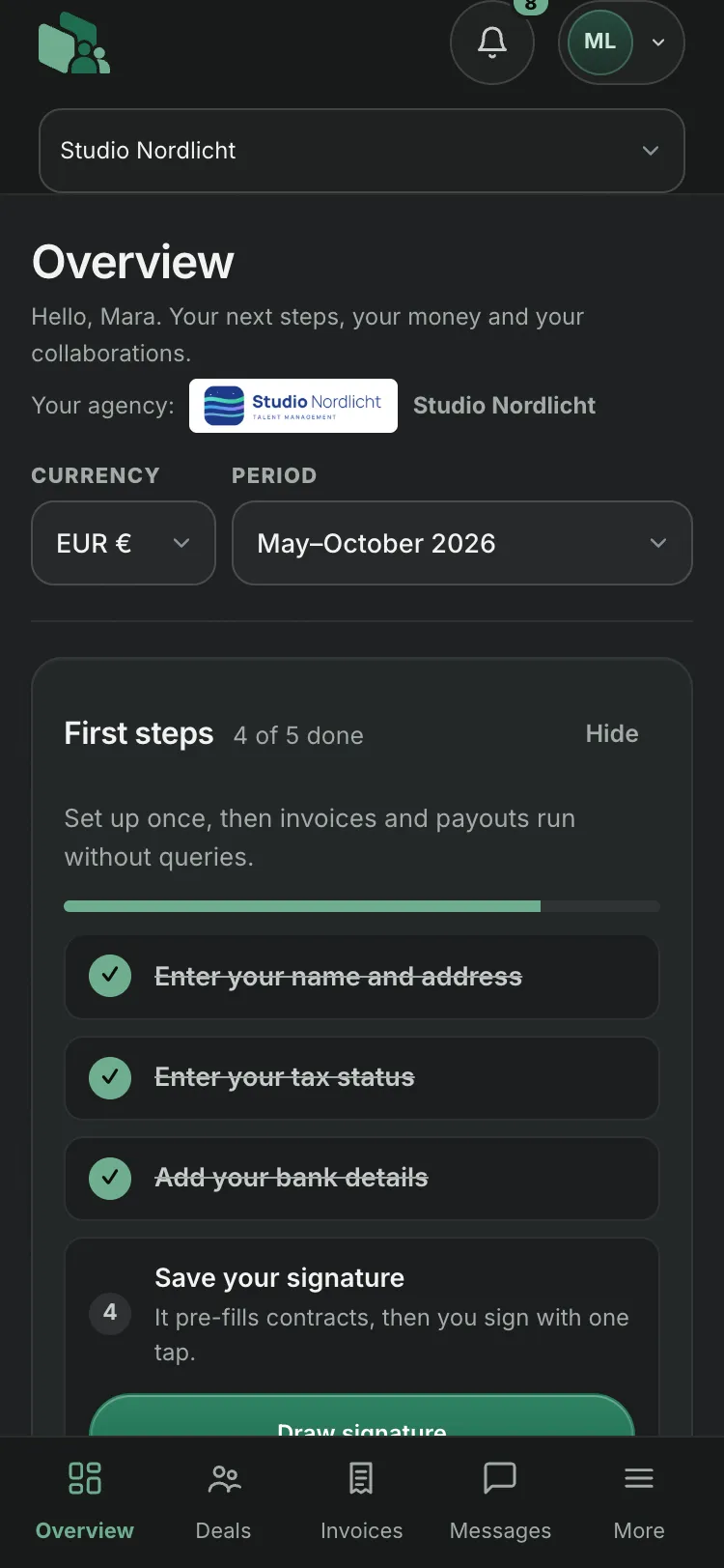 Creator portal on mobile: dashboard with first steps and earned share.