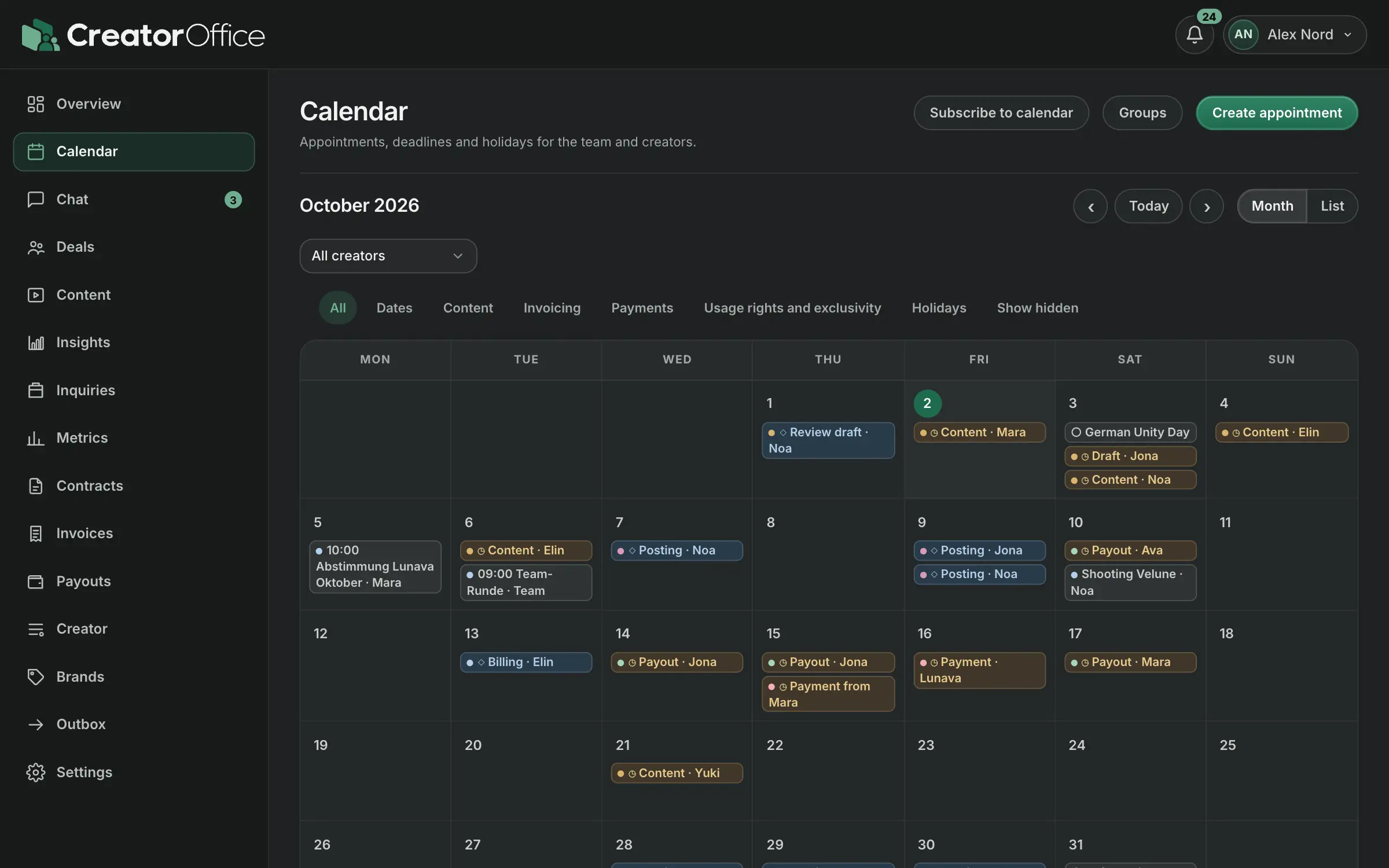 Monthly calendar with creator content deliveries, approvals and invoice deadlines.