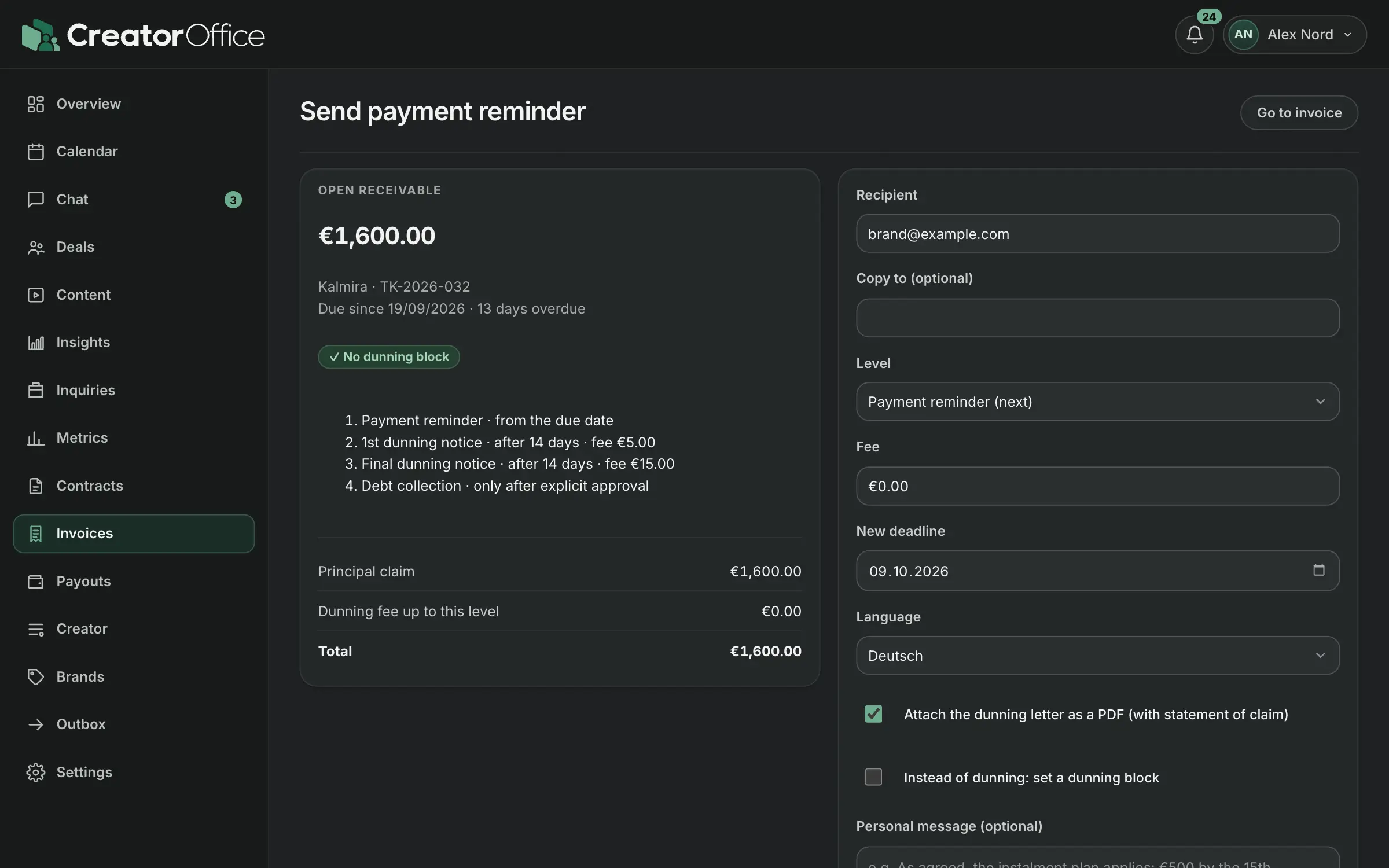 Reminder ladder with reminder levels and a preview of the payment reminder.