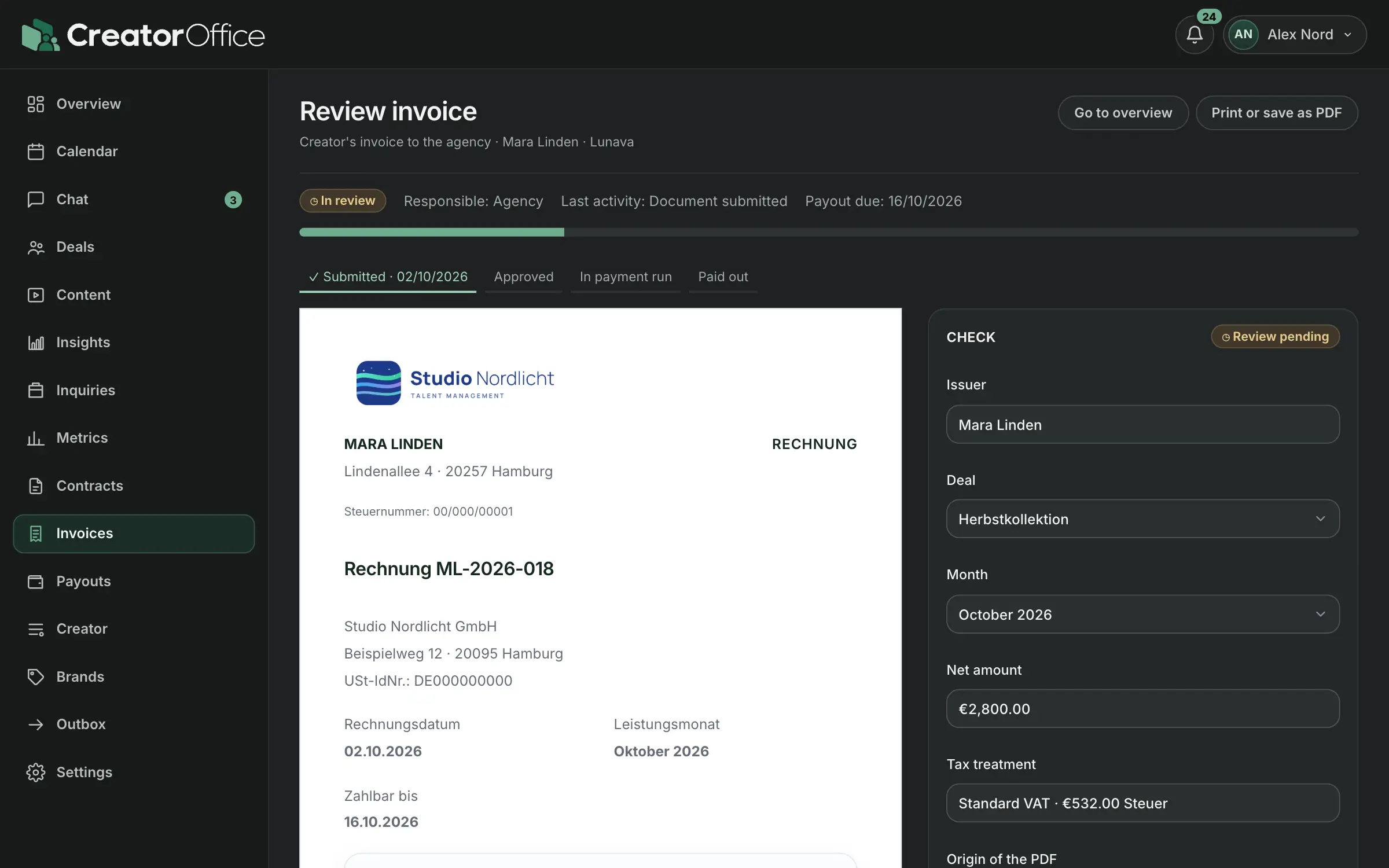 Review an invoice: the creator's document on the left, issuer, deal, month, amount and tax treatment on the right.