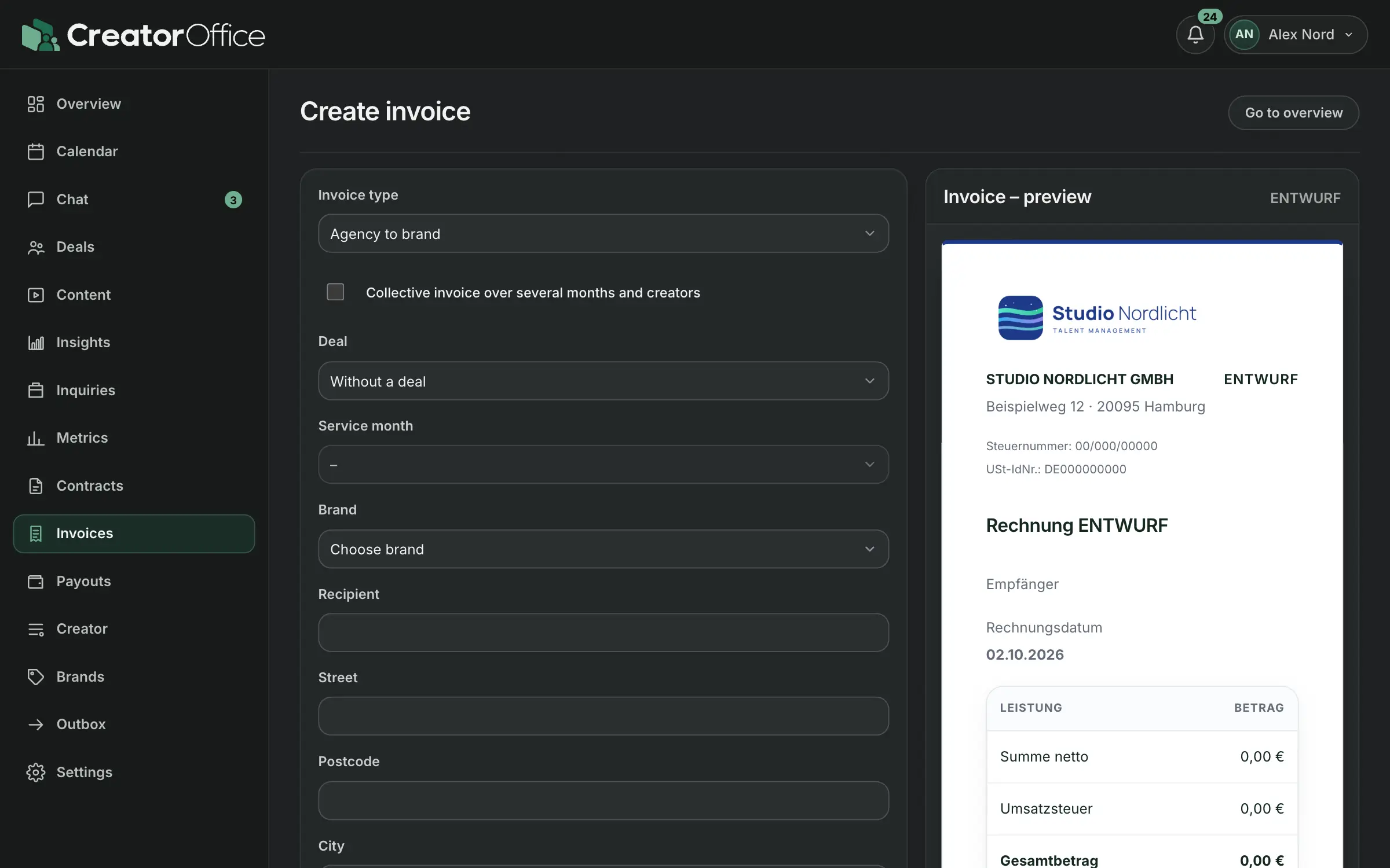 Create invoice with a live preview of the invoice document.