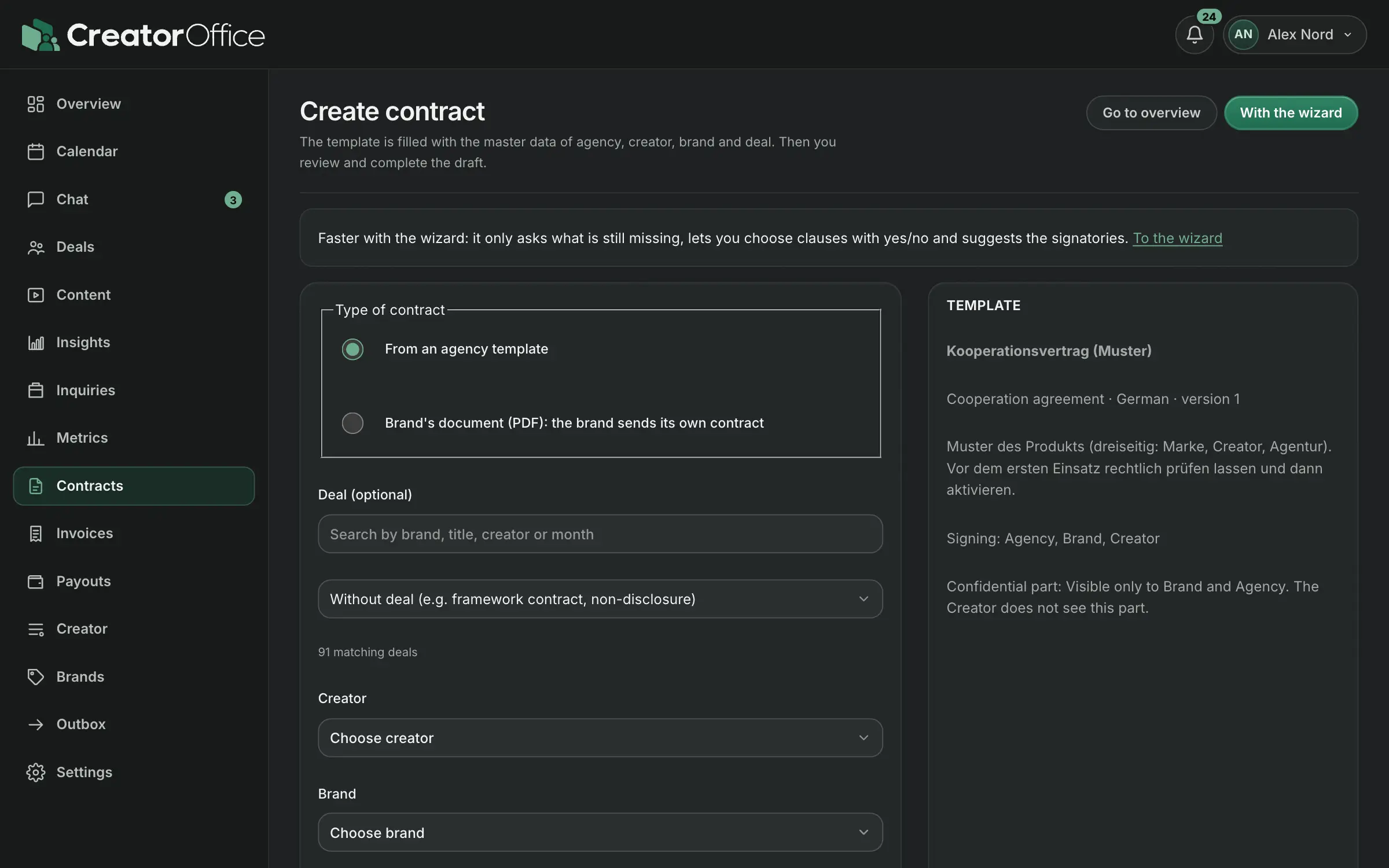 Create a contract: agency template or the brand's PDF, then choose deal, creator and brand.