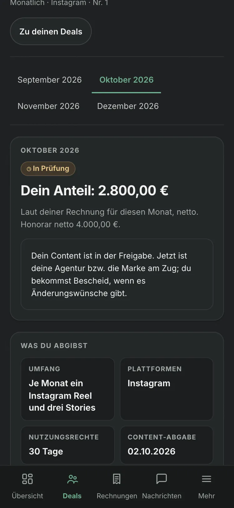 Deal im Creator-Portal am Handy: Umfang je Monat, Plattform, Nutzungsrechte 30 Tage und Termin für die Content-Abgabe, mit Beispieldaten