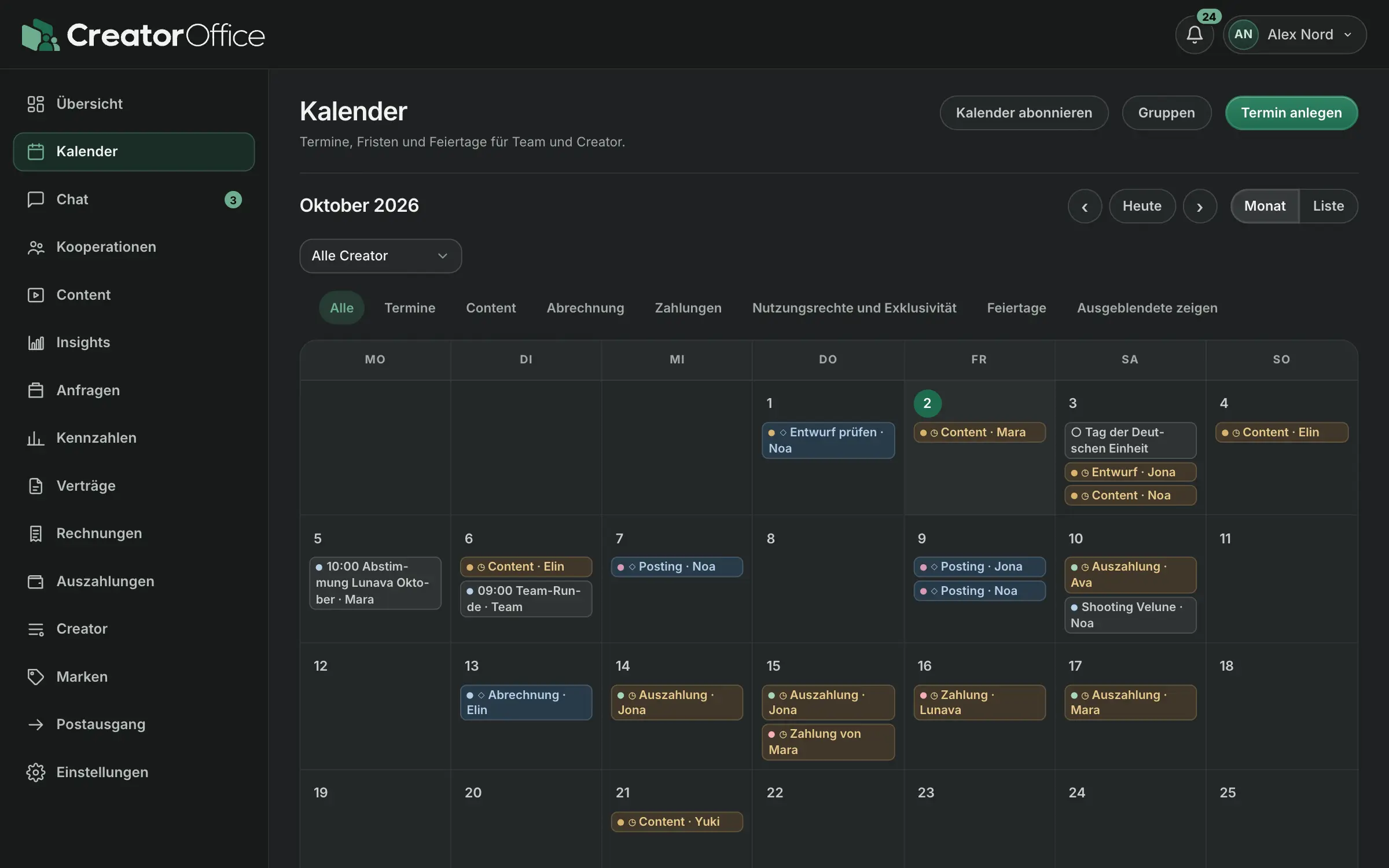 Monatskalender mit Content-Abgaben, Freigaben und Rechnungsfristen der Creator.
