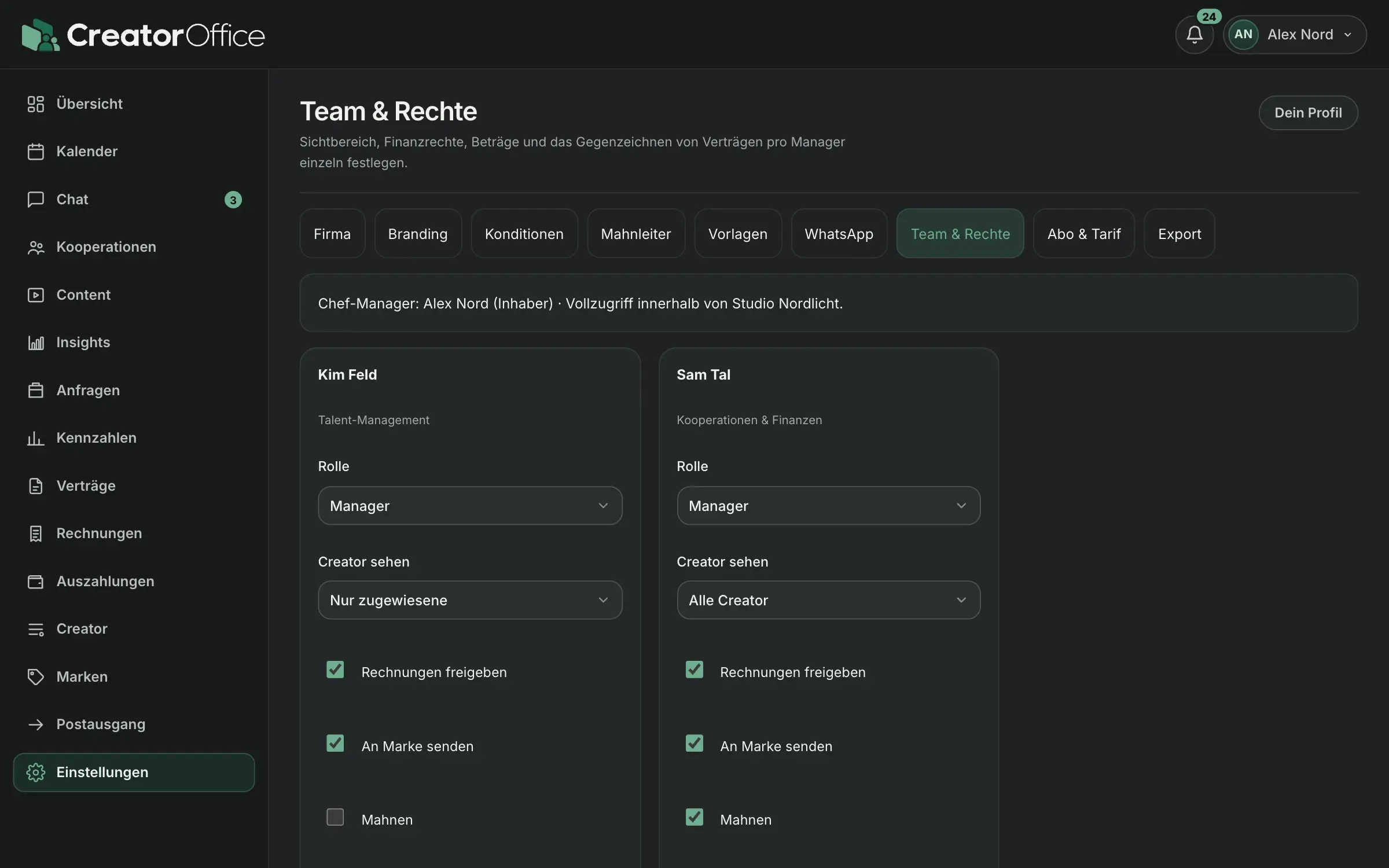 Team & Rechte: je Manager die sichtbaren Creator, Finanzrechte wie Rechnungen freigeben und an Marken senden sowie Beträge.